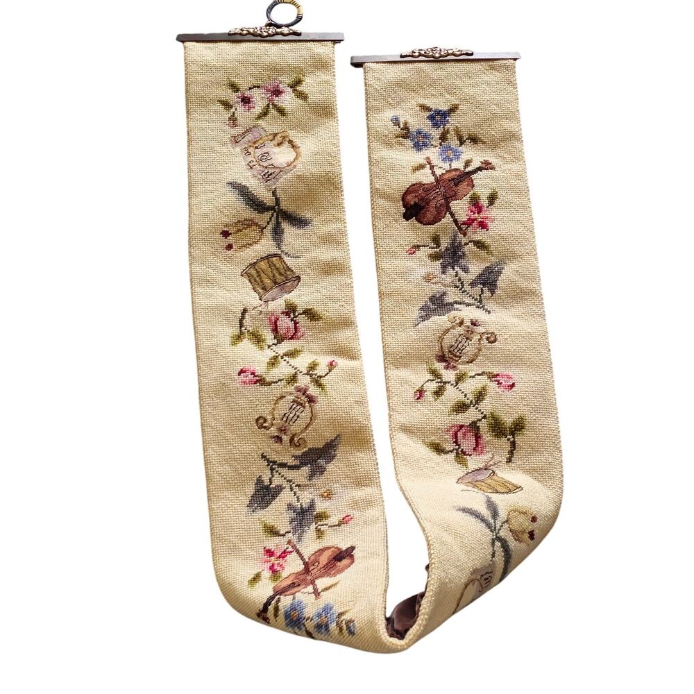 Needlepoint Wall Art with Musical instrument Motif Vintage Treasure 60"X 6.5"